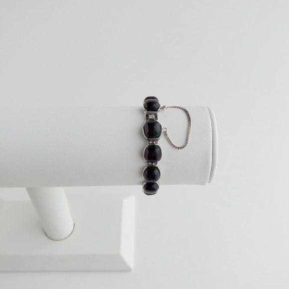 Vintage Sterling Silver Cherry Amber Chain Link Bracelet With Safety Chain 925 - Picture 3 of 12